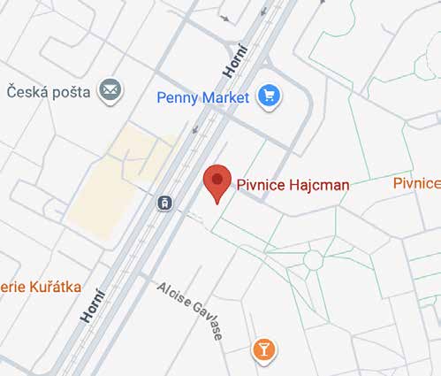 Mapa s vyznačenou polohou Pivnice Hajcman na ulici Horní v Ostravě