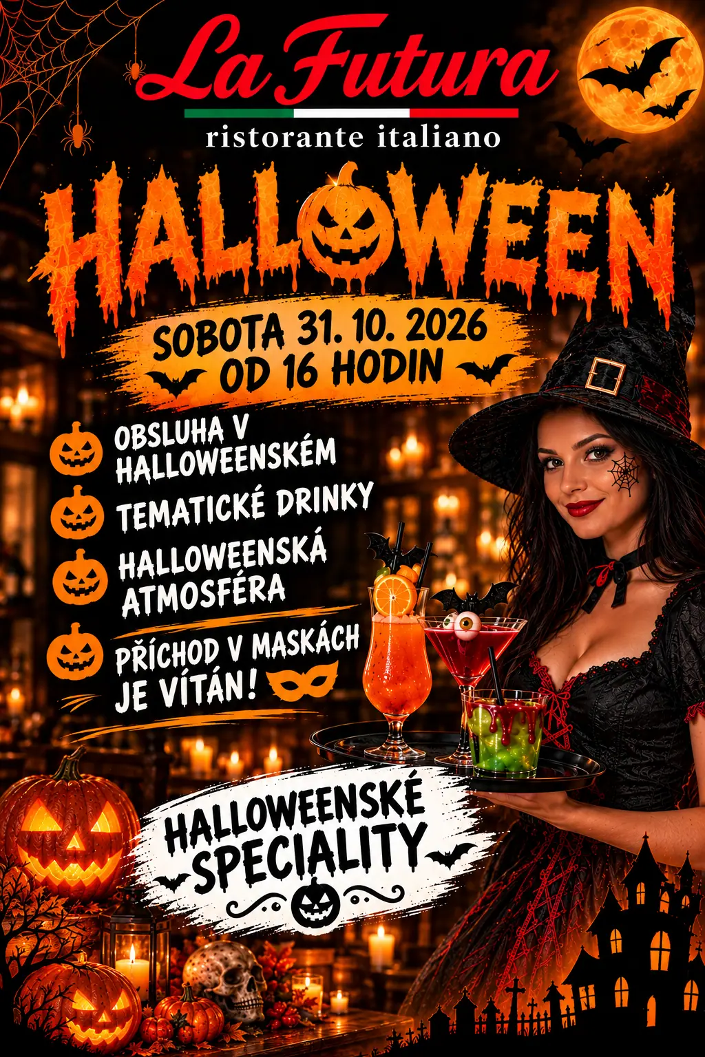 Halloween v La Futuře – sobota 31. 10. 2026 od 16 hodin. Obsluha v halloweenském, tematické drinky, halloweenská atmosféra, příchod v maskách je vítán, halloweenské speciality.